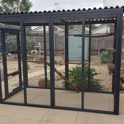 Waterproof Four-Sided Catio cat enclosure painted black with large shelves pack